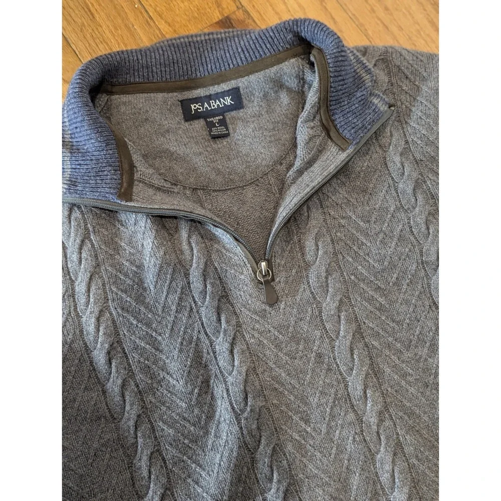 Quiet Luxury Wool Cable Knit 1/4 Zip Jos A Bank Sweater Large Gray Old Money